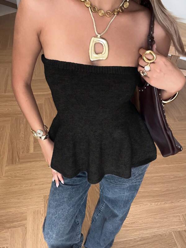 SHEIN EZwear ملابس علوية سوداء بدون حمالات منسوجة للنساء