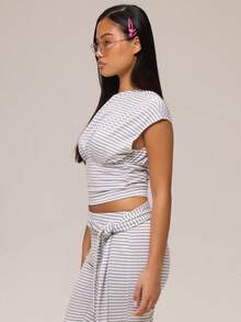 MUSERA Grey Striped Soft Jersey Tie Waist Detail Capris Winter Casual Day Comfy Outfit Cool  Grey Womens Capri Pants - Multicolor - View 3