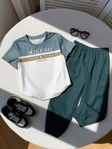 SHEIN Kids Boys New Casual Minimalist Style Letter Print Round Neck Short Sleeve & Long Pants 2-Piece Set, Suitable For Summer, Spring, Autumn, Winter, Blue - Multicolor - View 5