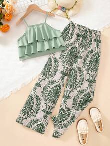 Sparklyn Tween GirlsVacation Set, Layered Ruffle Camisole + Floral Print Wide Leg Pants, & Elegant For Daily Outing, Beach Trip, Photo Shoot - Green - View 3