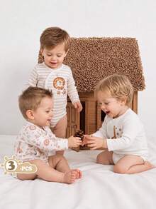 SHEIN Vintaside Kids 新生兒春秋款白色純色交叉前襟舒適可愛趣味優雅極簡時尚長袖彈性連身衣多件套裝 - 彩色 - 查看 3