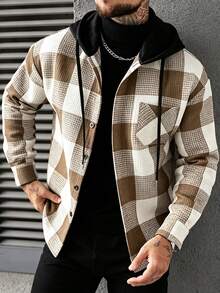 Manfinity CasualCool 男士格紋長袖單排扣連帽襯衫外套 - 咖啡棕 - 查看 1