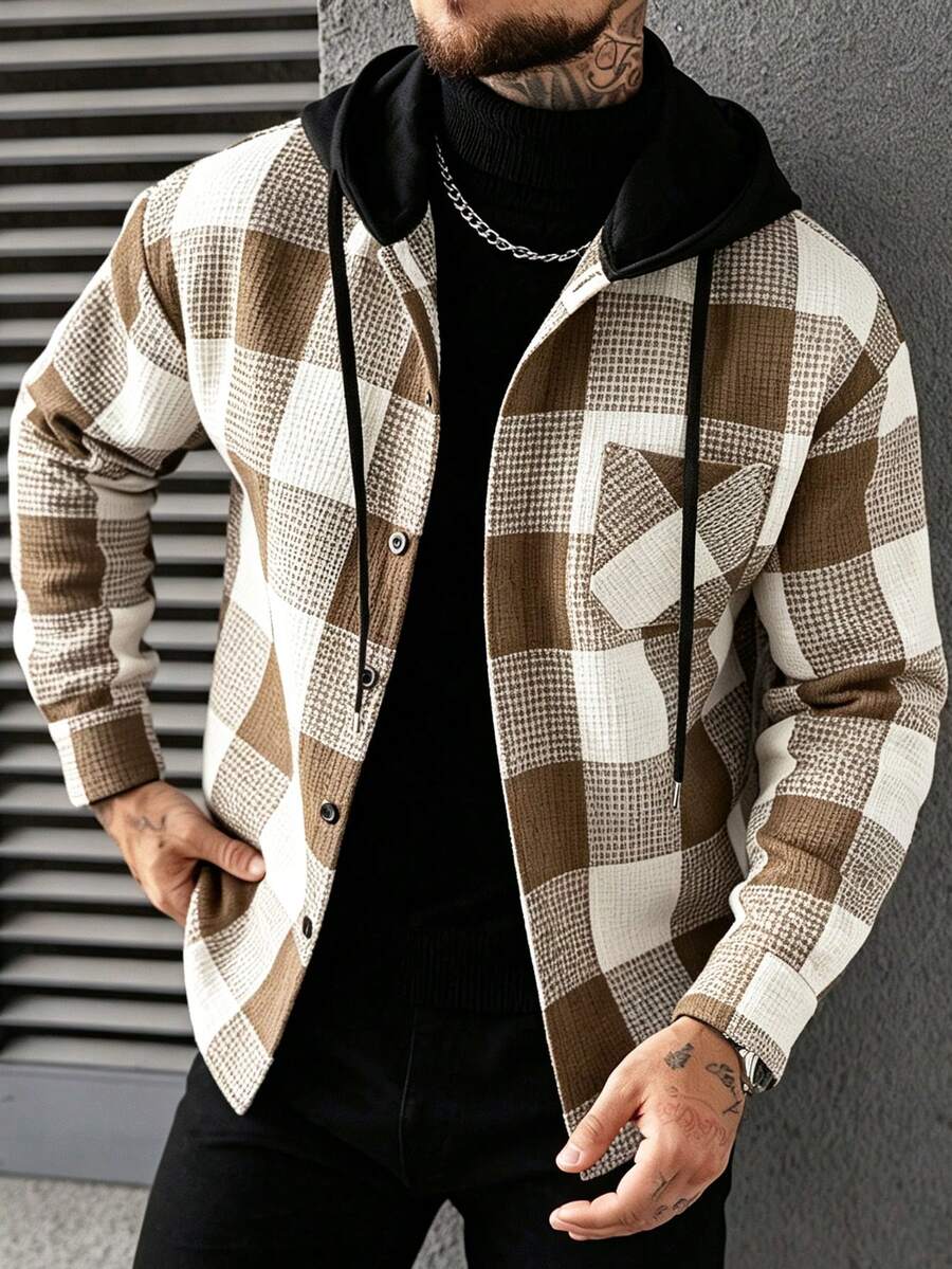 Manfinity CasualCool 男士格紋長袖單排扣連帽襯衫外套 - 咖啡棕 - 查看 1
