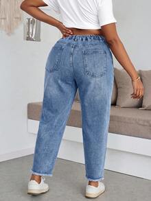 SHEIN ICON 大尺碼休閒水洗破洞牛仔褲 秋季女款牛仔女孩風穿搭 藍色牛仔褲 - 藍色 - 查看 2