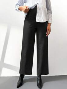 SHEIN Maternity Solid Color Adjustable Waist Wide Leg Loose Casual Pants Fall - Black - View 3