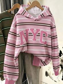 女童圓領粉色與棕色拼接字母NYC休閒日常返校抓絨內裡運動衫，適合春秋冬季的多功能校園風 - 彩色 - 查看 3