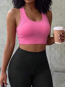 SHEIN Core Rhythm Tank Top Olahraga Kasual Wanita Warna Polos - Hot Pink - View 1
