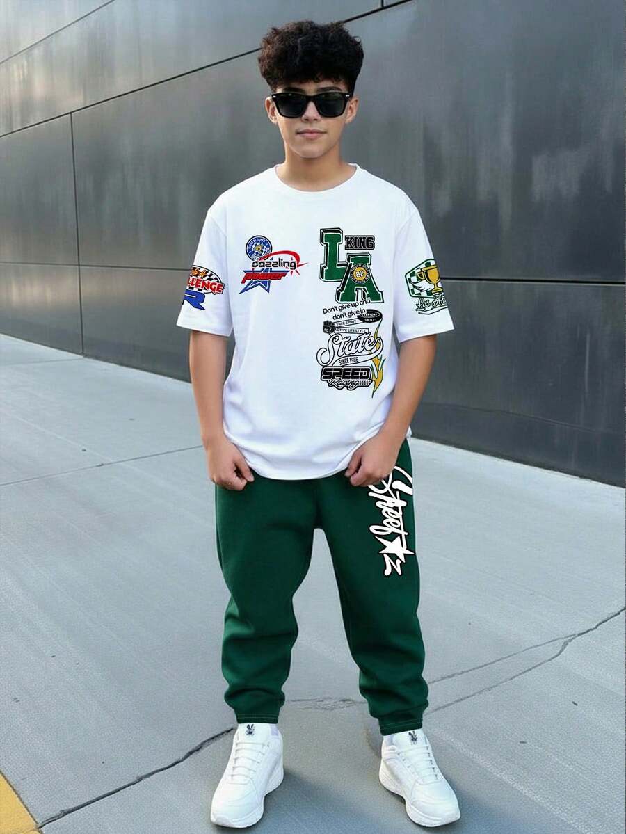 2件套青少年男童休闲简约Y2K涂鸦印花字母图案短袖T恤和运动裤套装，适合春夏穿着 - 彩色 - 查看 1