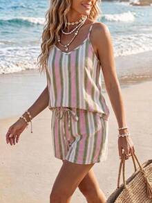 SHEIN LUNE Setelan 2 Potong Wanita Kasual Minimalis Motif Garis-garis, Atasan Tanpa Lengan dan Celana Pendek - MultiWarna - View 6