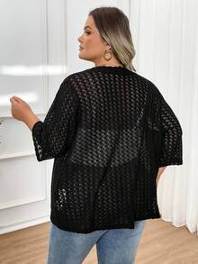 SHEIN CURVE+ Plus Size Hollow Knit Jacquard Cardigan, Suitable For Spring/Summer, Plus Size Body, Autumn/Winter Bohemian Casual Vacation Style Business Black - Black - View 2