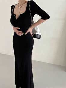 Dazy Tall Women's Square Neck 5-Sleeve Slim Fit Long Base Layer Dress - Black - View 5
