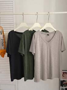 Comfortcana 3pcs/Set Plus Size Multi-Color Spring/Summer A-Line Casual V-Neck T-Shirts - Multicolor - View 5