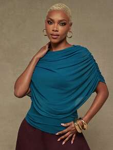 Vixey Women's Solid Color Design Pleated Cape Top, Summer/Spring Elegant Top, Office Work Wear, Chic Top, Everyday Blouse, Effortless Style - Dark Green - View 3