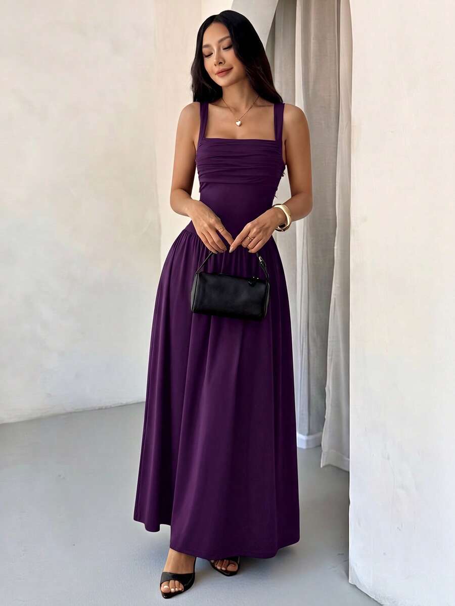 SHEIN PETITE 女款優雅純色咖啡棕方領喇叭裙，春夏款 - 紫色 - 查看 1