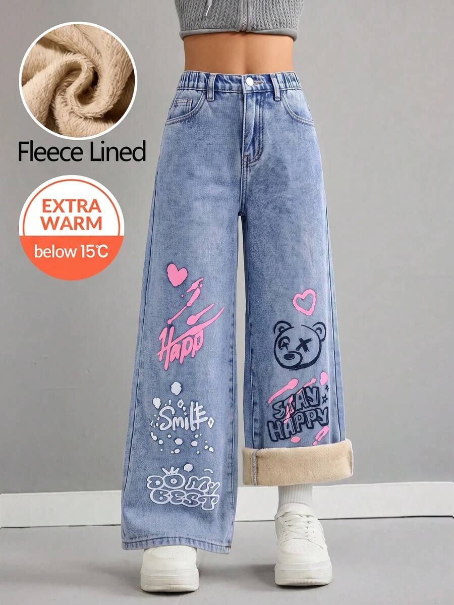 SHEIN Girlism 女童秋冬塗鴉熊圖案藍色牛仔刷毛內裡寬鬆長褲休閒款 - 藍色 - 查看 1