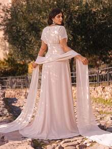 Aureia Plus Size Elegant Formal Romantic Fashion Pink Chiffon Fabric Rhinestone Embellished Ruched Bodycon A-Line Party Evening Wedding Dress Gown Autumn - Apricot - View 2