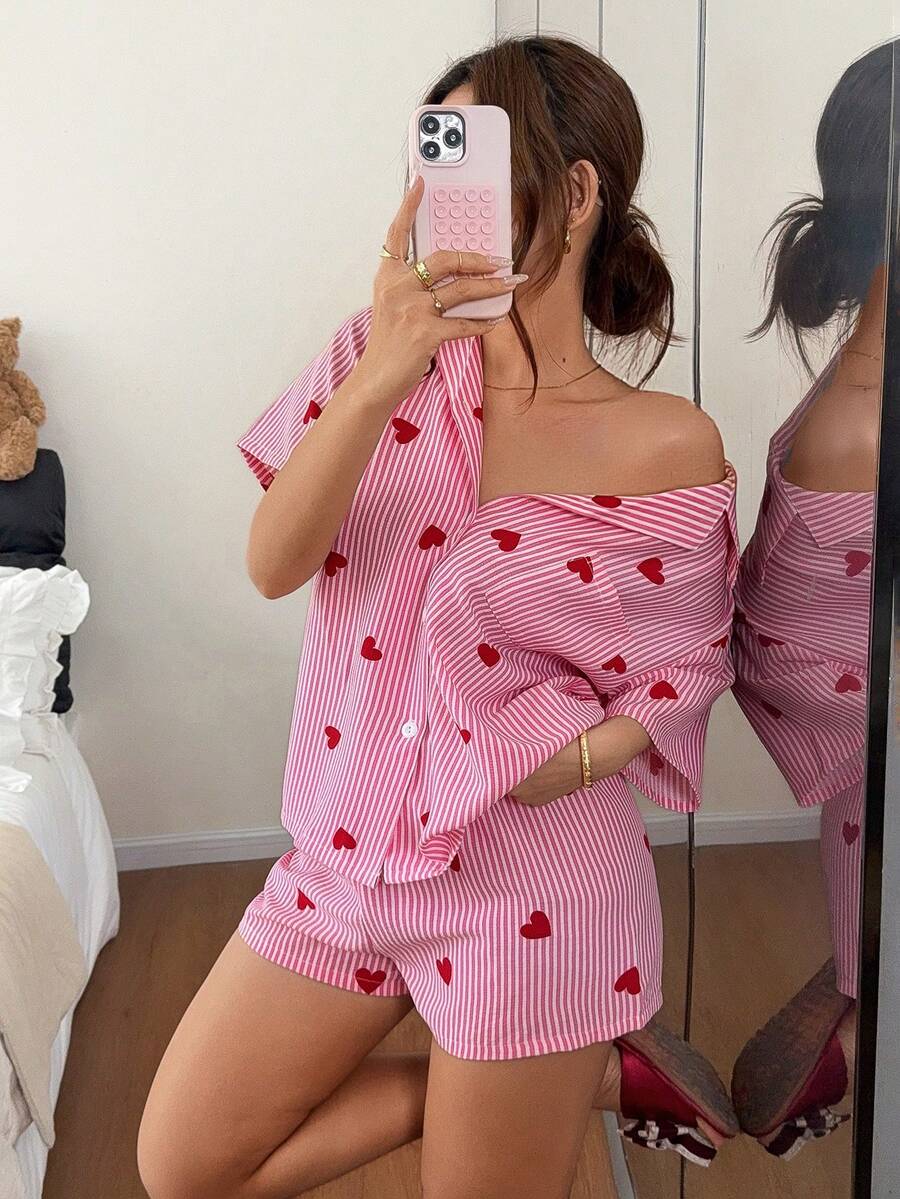 Napfluff Women's Red Striped Heart Print Cardigan Petal Sleeve Crinkled Short Sleeve Shorts Pajama Set - Pink - View 1