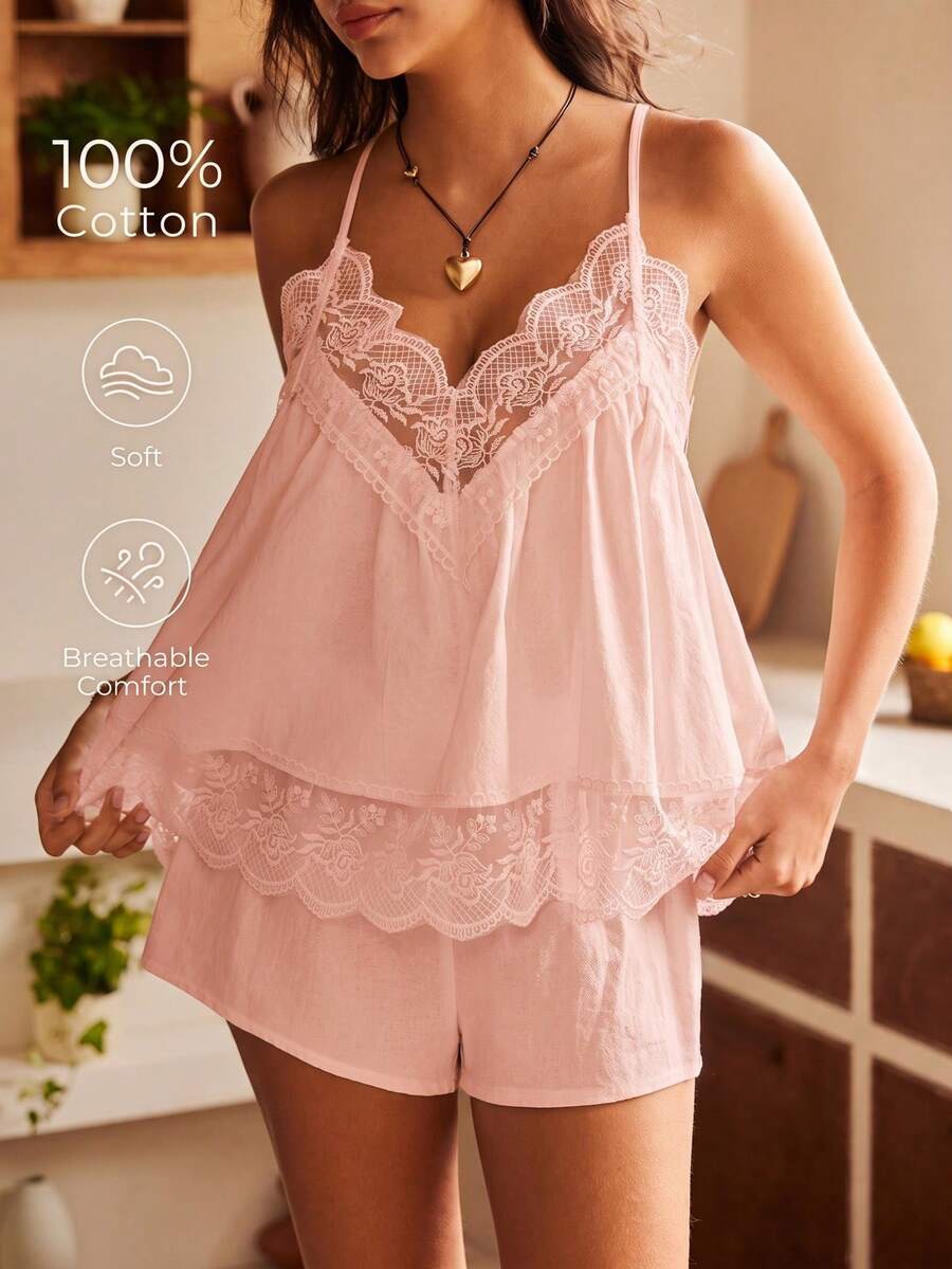 Lullawish 波希米亞風純棉女款吊帶背心與短褲睡衣套裝 - 粉色 - 查看 1