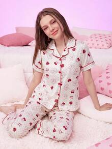 Provexi Provexi Women's All-Over Print Short Sleeve Top And Long Pants Casual Cute Daily Lounge Home Sleepwear Set Red And White Autumn - Multicolor - View 5
