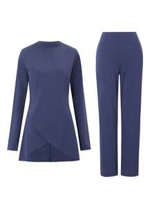 Swim Mulvari Indigo Blue Round Neck Long Sleeve Double Layer Asymmetrical Hem Loose Casual Sports Set - Multicolor - View 5