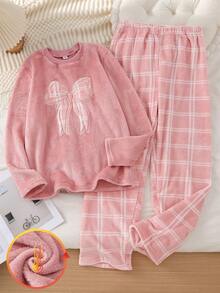 Teen Girls Pink Plush Top With Bow Embroidery Pattern And Plaid Thickened Comfortable Long Sleeve Pants Set Fleece-Lined Autumn Prom Cute Katseye - Pink - View 1