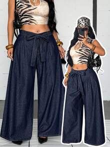 Jeanoix Calça Denim Perna Larga Casual Tradicional Lavada com Cinto Plus Size Azul Marinho Formal Brunch Verão - Lavagem escura - Visão 9