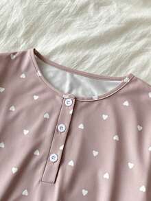 SHEIN Casual Comfortable Polka Dot Print Round Neck Half-Button Long Sleeve Nightgown - Khaki - View 4