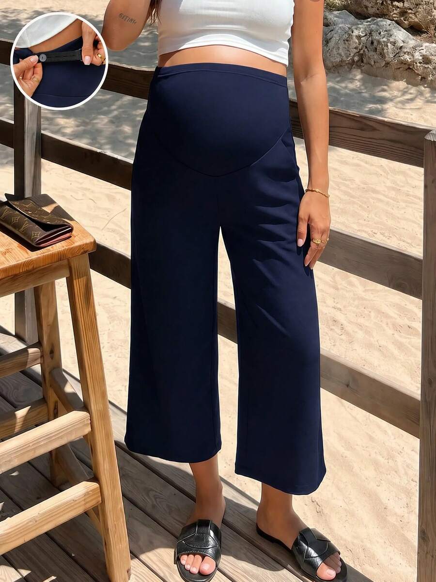 SHEIN Maternity High Waist Solid Color Casual Pants For Vacation - Navy Blue - View 1