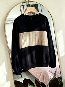 SHEIN Franclia Women's Elegant Lazy Casual Color Block Crew Neck Sweatshirt Cable Knit Patchwork Oversized Top - Black - View 4