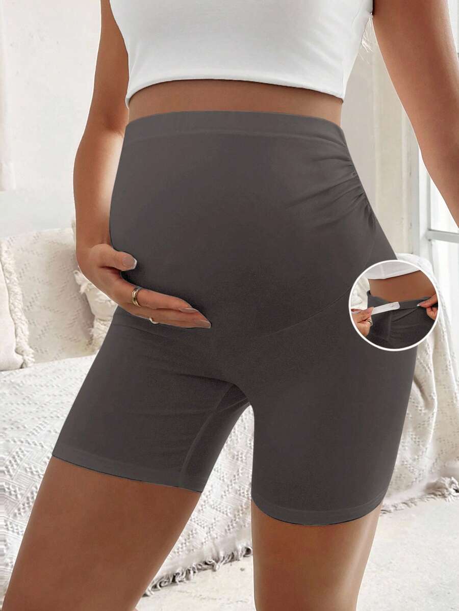 SHEIN 孕婦純色可調腰圍休閒日常穿著緊身內搭短褲 - 灰色 - 查看 1