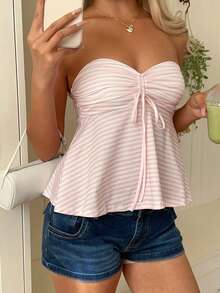 CovetEZ Women's Front Tie Striped Ruched Bandeau Top - Pink - View 6