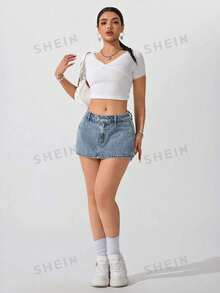 SHEIN ICON 女士纯色简约休闲牛仔裙 - 霧霾藍 - 查看 3