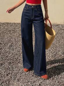 Livesso Tall Celana Jeans Denim Wanita Model Longgar Lurus Gaya Liburan Musim Gugur - Dark Wash - View 5