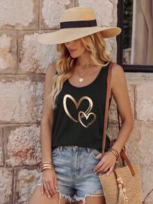 EMERY ROSE Women Fashionable Valentine Heart Pattern Tank Top Graphic Tees Women Tops - Black - View 3