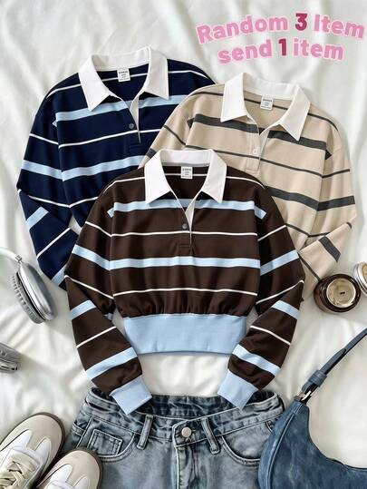 Girls' Polo Collar Deep Red & Light Blue Stripe Patchwork Sweatshirt,Back-To-School,Cute,Vacation