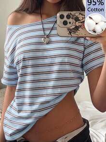 SHEIN EZwear 休閒極簡風藍色條紋滿版印花單肩落肩短袖寬鬆女款T恤 - 白色 - 查看 7