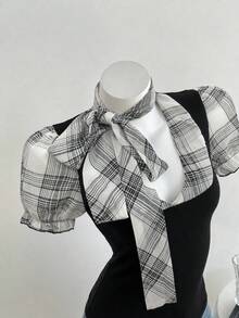 Elamini 女款短袖花瓣袖格紋綁帶拼接T恤，黑白格紋，夏日波希米亞休閒奢華風，適合早午餐穿著 - 米色 - 查看 3