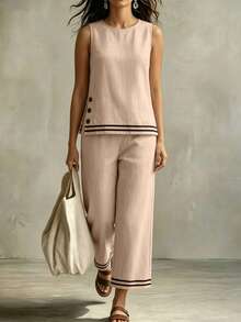 Linhara CURVE Plus Size Women's Casual Tank Top & Capri Pants Contrast Color Set - Khaki - View 1