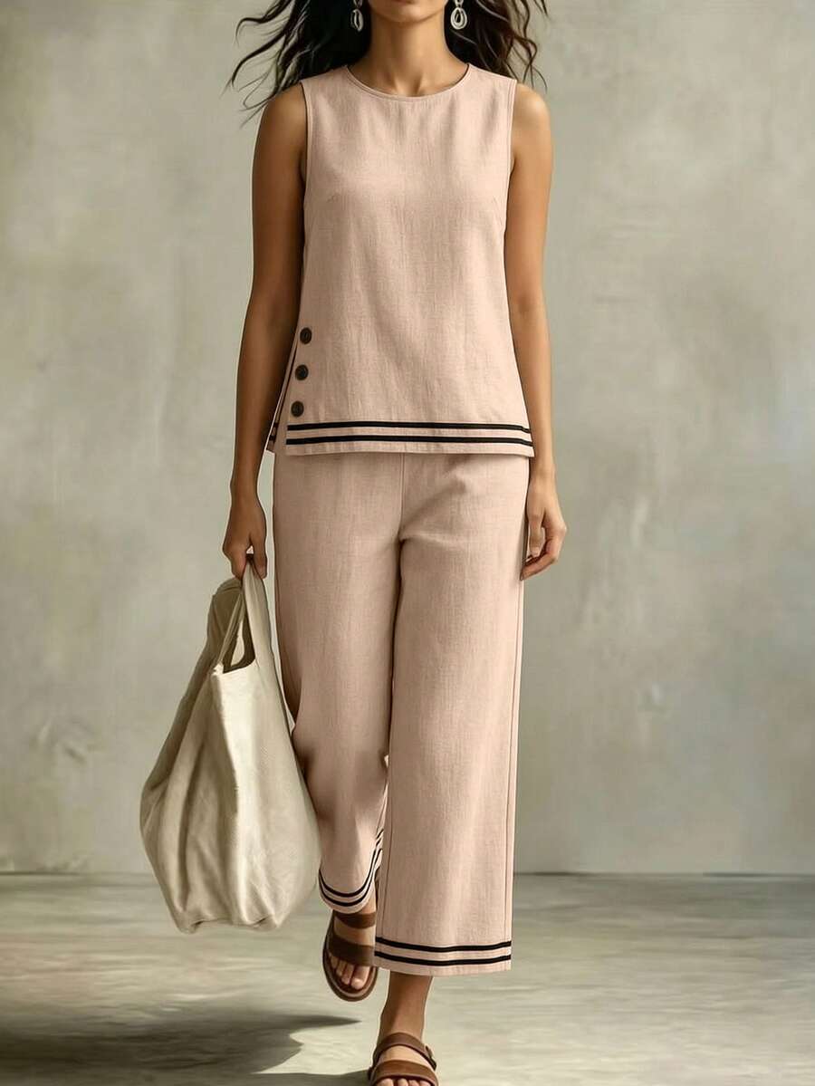 Linhara CURVE Plus Size Women's Casual Tank Top & Capri Pants Contrast Color Set - Khaki - View 1