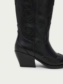 Nöista Classic Western Boot With Embroidered Detailing, Pointed Toe, Side Zip Closure And Stacked Block Heel For All-Day Wear. Fall Boots - Black - View 5