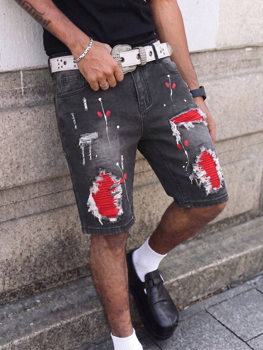Manfinity LEGND Men's Casual Daily Travel Denim Shorts With Pocket, Button And Distressed Design - Black - View 1