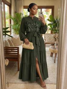 Reflora Plus Size Vacation Fashion Lace Patchwork Flared Cuff Button Dress Fall - Green - View 2