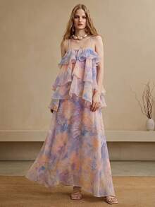 SHEIN Women's Tie-Dye Multi-Layer Ruffle Hem Fashion Spaghetti Strap Dress - Purple - View 1