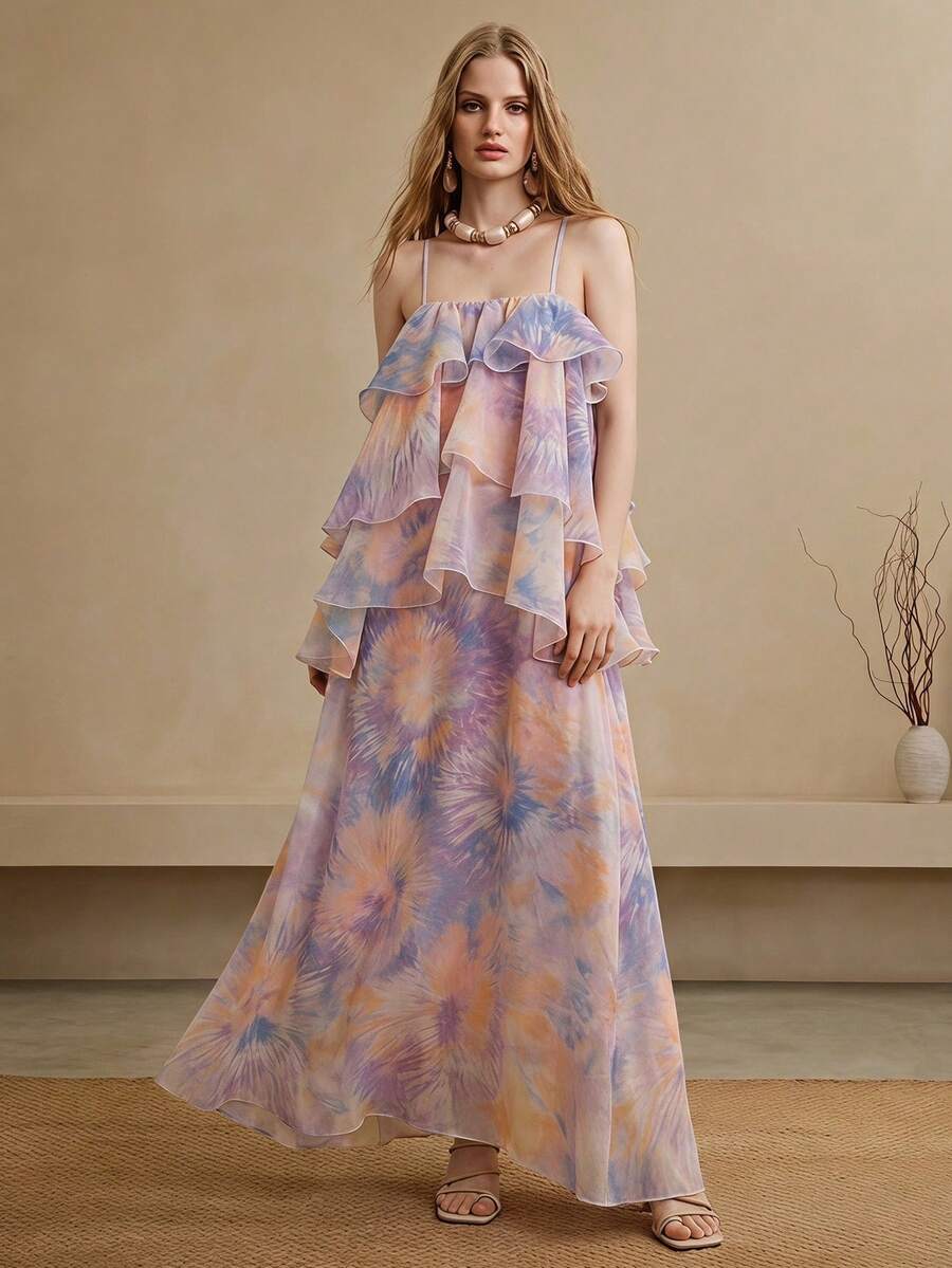 SHEIN Women's Tie-Dye Multi-Layer Ruffle Hem Fashion Spaghetti Strap Dress - Purple - View 1