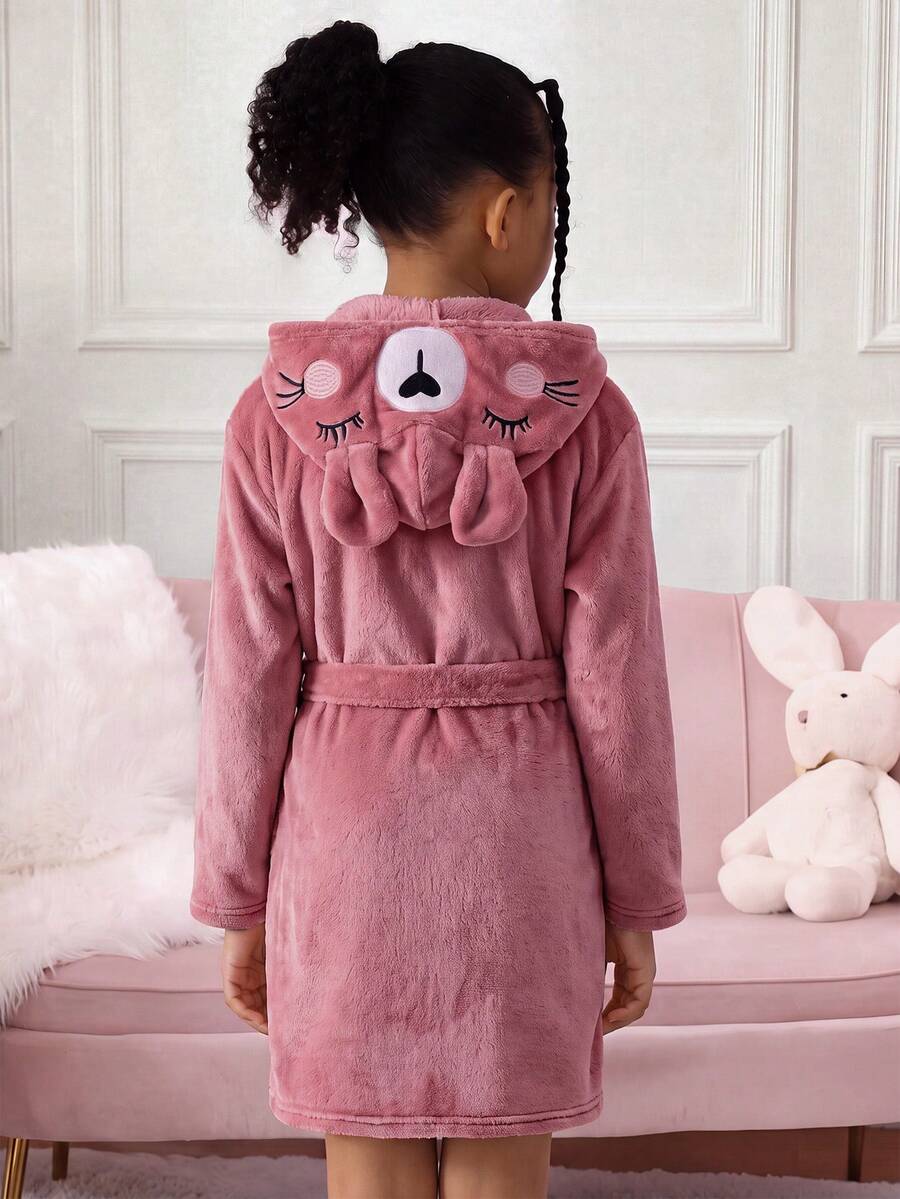 SHEIN 女童可愛3D貓耳卡通刺繡連帽浴袍 秋冬針織抓絨幼兒睡衣 萬聖節居家穿搭 灰粉色 - 粉色 - 查看 1