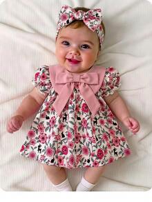 SHEIN One-Piece Newborn Casual, Simple, Loose-Fitting Cartoon Pattern Round Neck Short-Sleeved Dress, Perfect For Summer. - White - View 1