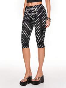 ROMWE Grunge Punk Vintage Napoleon Contrast Webbing Metal Buckle Design Ultra Low Waist Polka Dot Capri Pants - Black - View 5