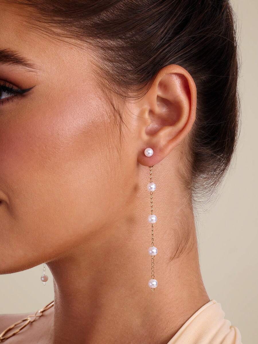 Altistry 1pair Chain & Pearl Decor Long Earrings - Gold - View 1