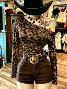 NostaNoir Dark Brown Print Women's Asymmetric Neck Long Sleeve T-Shirt, Street Fashion Western Sexy Slim Fit Top Going Out Night Autumn - Multicolor - View 1