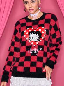 Betty Boop x SHEIN 女士休闲卡通人物与心形图案刺绣落肩宽松格子蓬松针织毛衣 - 黑色 - 查看 3